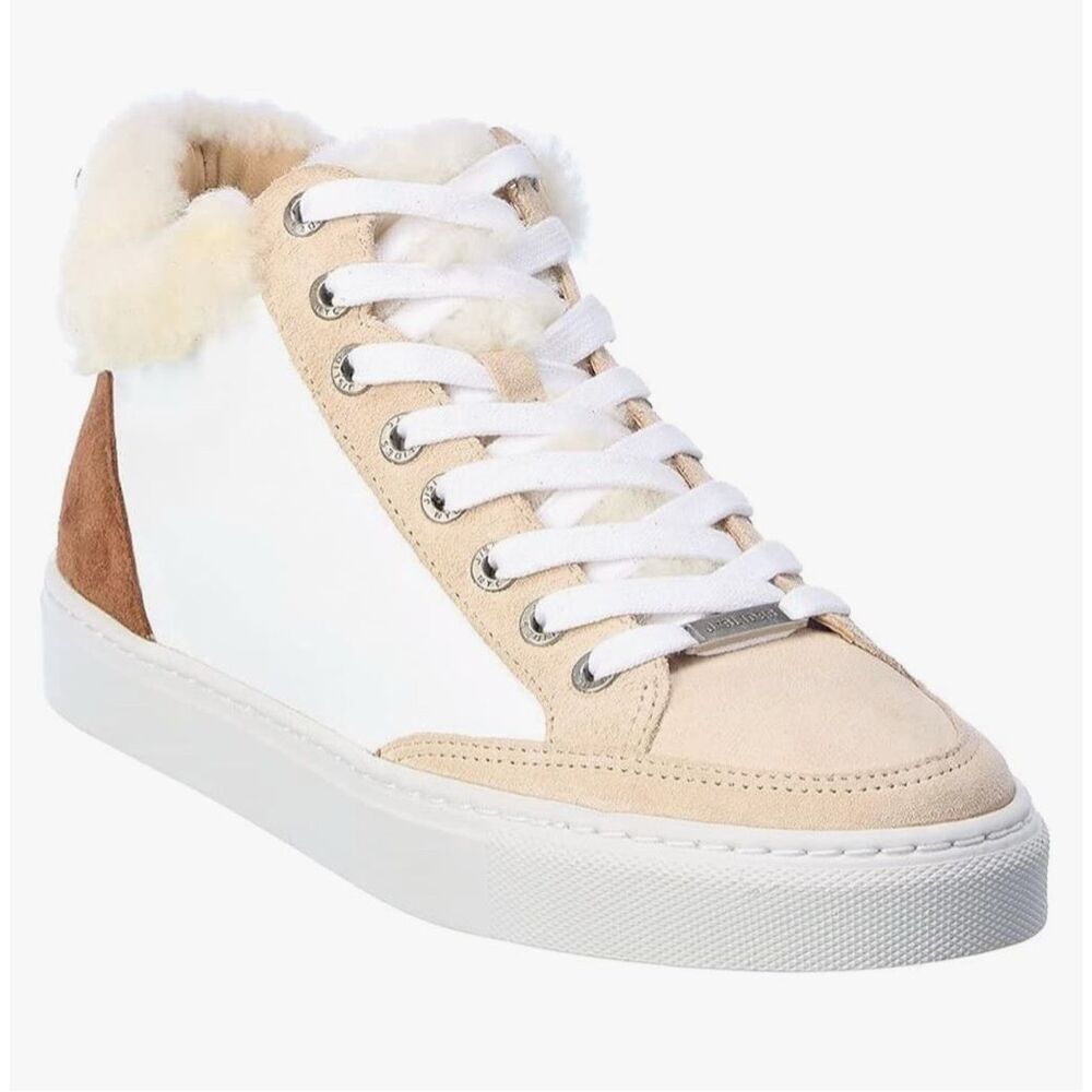 J/Slides Leslie Sheep Hair Trimmed Leather Sneaker Shoes‎ Size 6 Tan White
